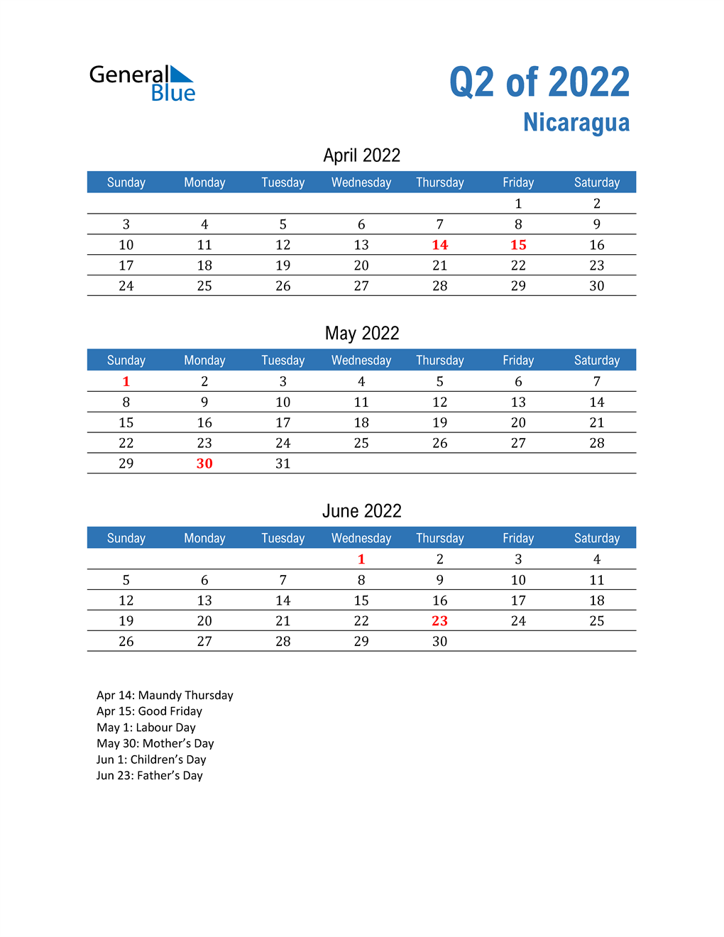 Nicaragua 2022 Quarterly Calendar 