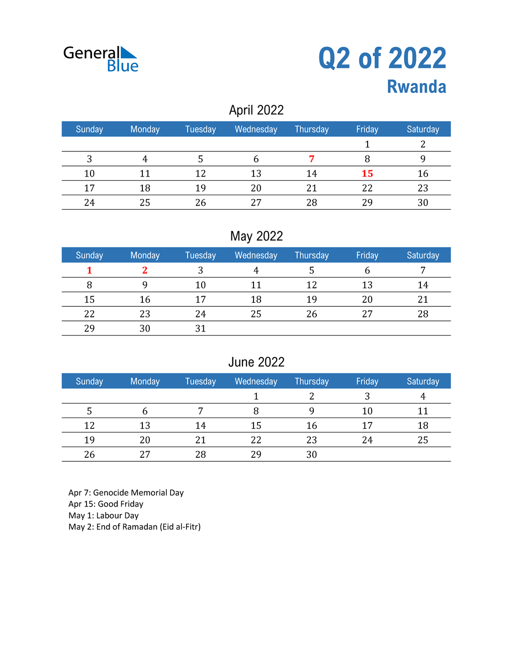  Rwanda 2022 Quarterly Calendar 