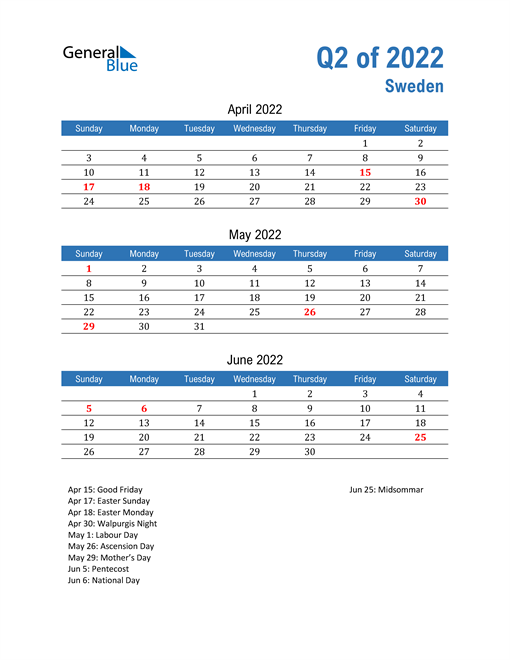  Sweden 2022 Quarterly Calendar 