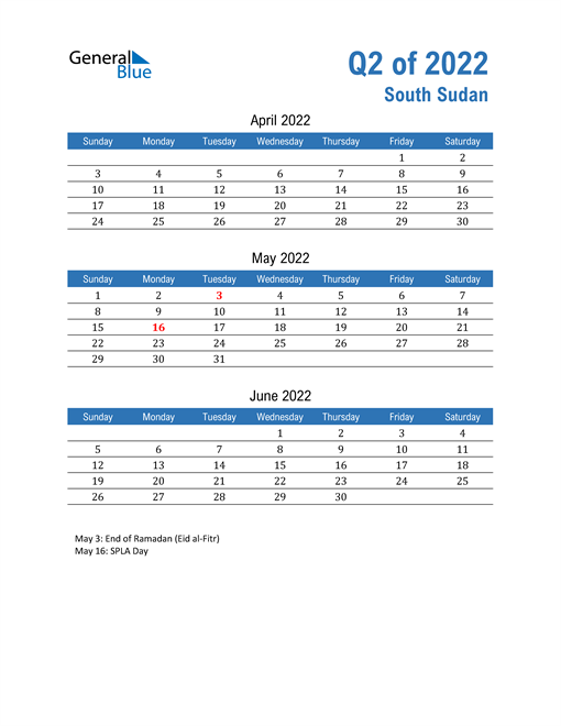  South Sudan 2022 Quarterly Calendar 