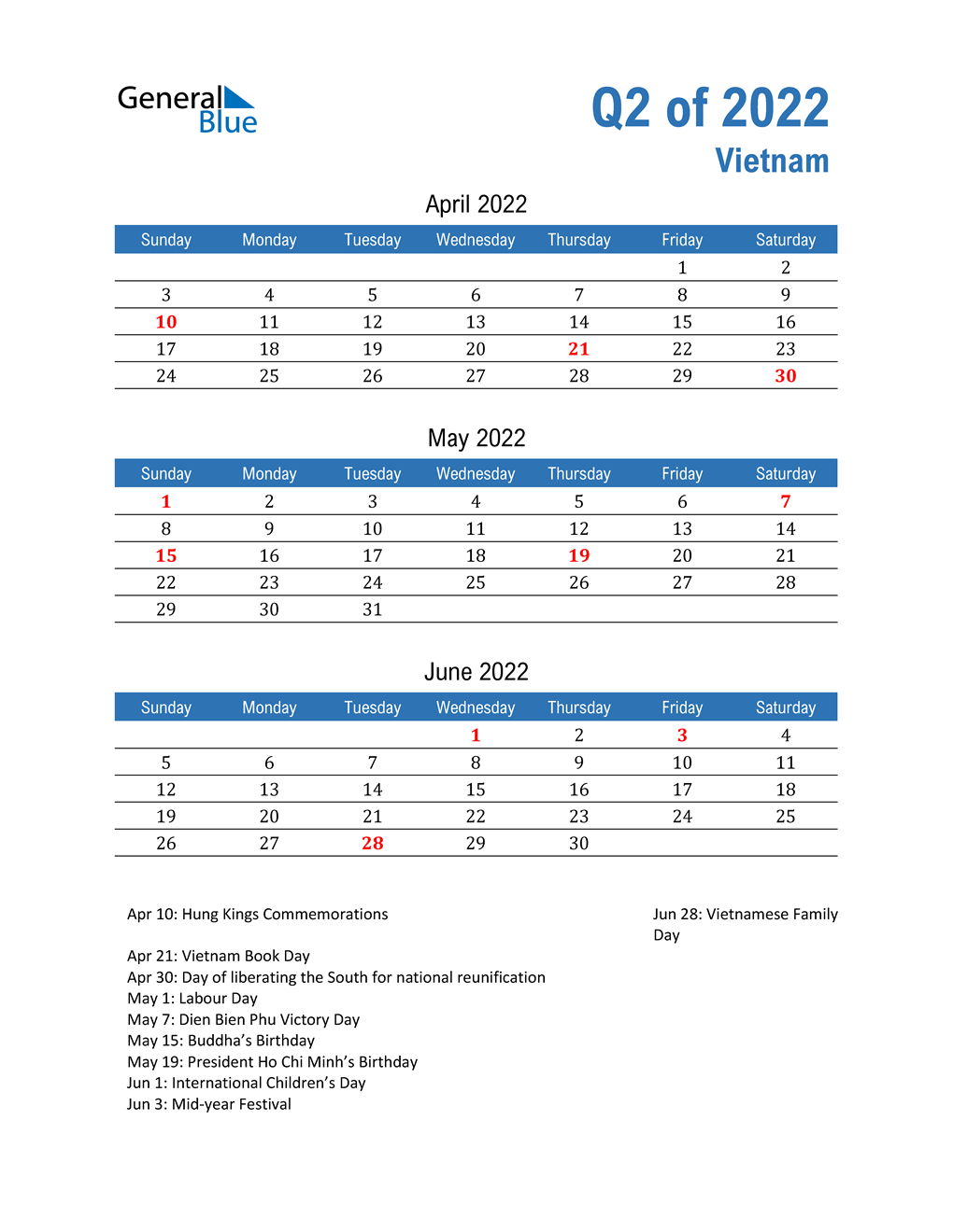  Vietnam 2022 Quarterly Calendar 