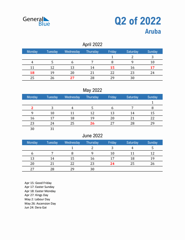 Aruba 2022 Quarterly Calendar with Monday Start