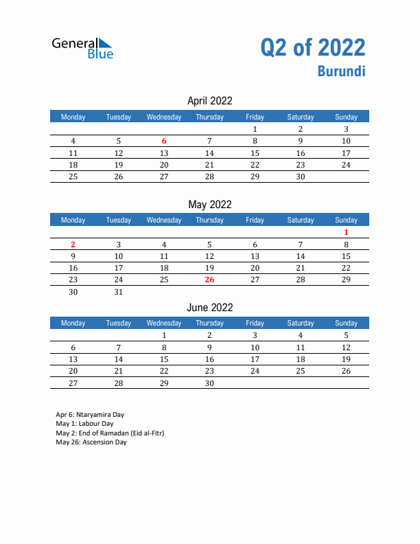 Burundi 2022 Quarterly Calendar with Monday Start