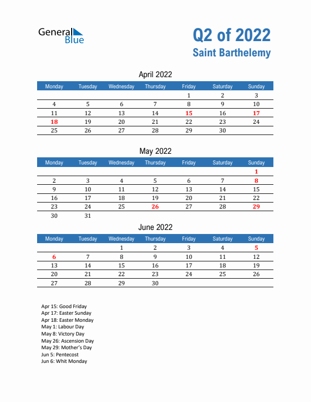 Saint Barthelemy 2022 Quarterly Calendar with Monday Start