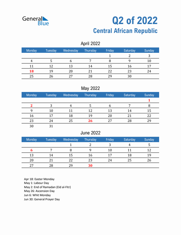 Central African Republic 2022 Quarterly Calendar with Monday Start