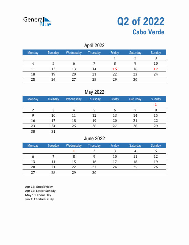 Cabo Verde 2022 Quarterly Calendar with Monday Start