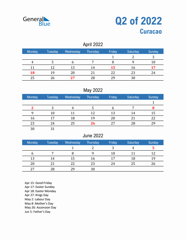 Curacao 2022 Quarterly Calendar with Monday Start