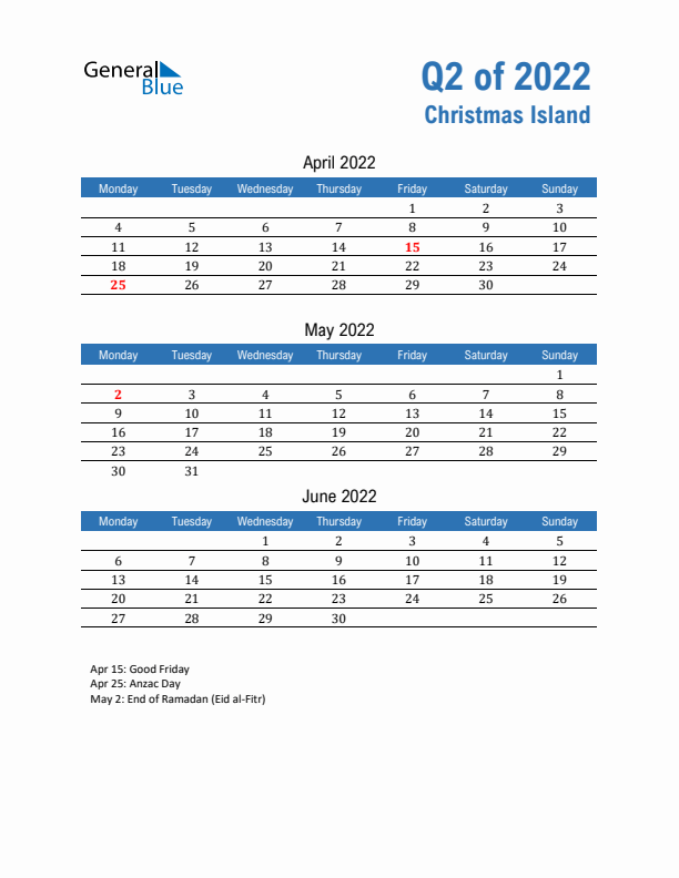 Christmas Island 2022 Quarterly Calendar with Monday Start