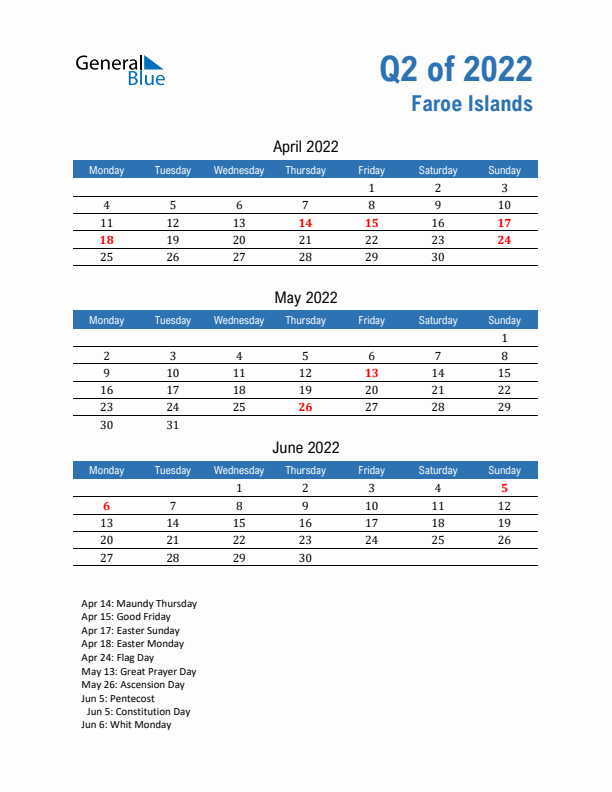 Faroe Islands 2022 Quarterly Calendar with Monday Start