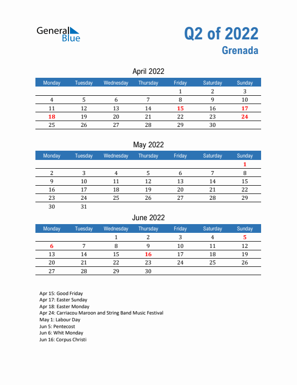 Grenada 2022 Quarterly Calendar with Monday Start