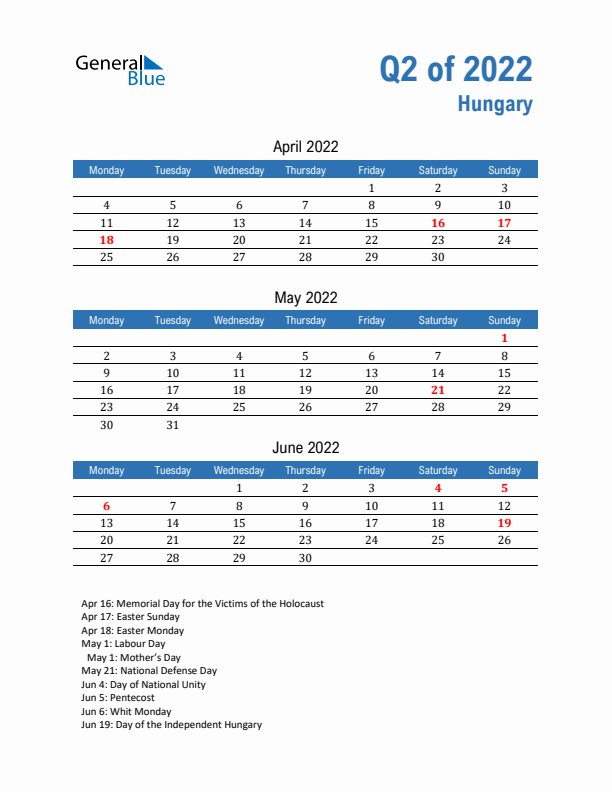 Hungary 2022 Quarterly Calendar with Monday Start