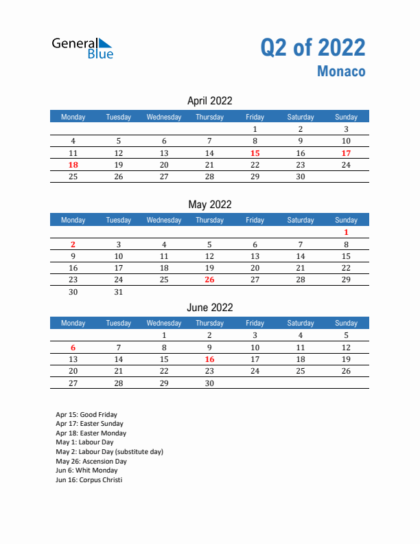 Monaco 2022 Quarterly Calendar with Monday Start