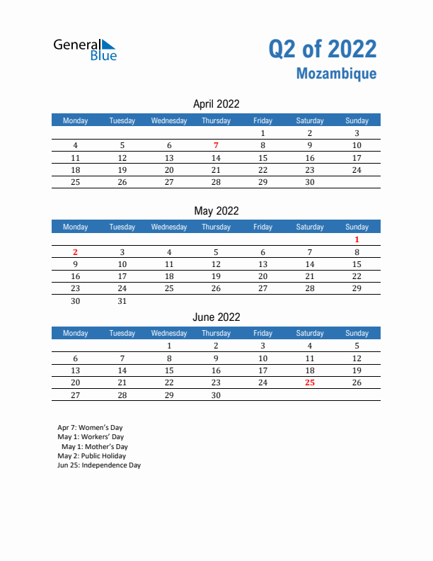 Mozambique 2022 Quarterly Calendar with Monday Start