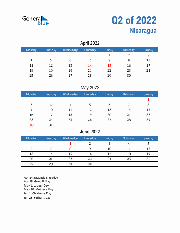 Nicaragua 2022 Quarterly Calendar with Monday Start