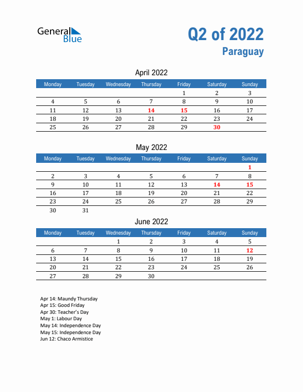 Paraguay 2022 Quarterly Calendar with Monday Start