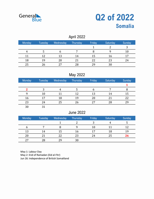 Somalia 2022 Quarterly Calendar with Monday Start