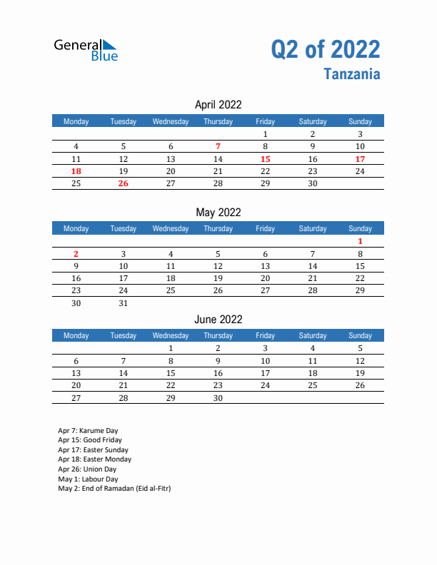 Tanzania 2022 Quarterly Calendar with Monday Start