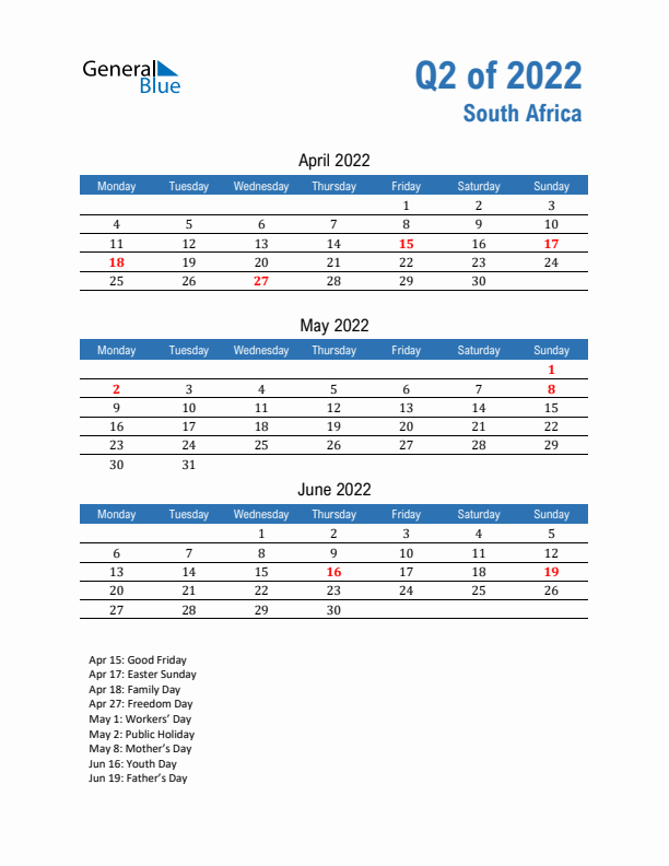 South Africa 2022 Quarterly Calendar with Monday Start