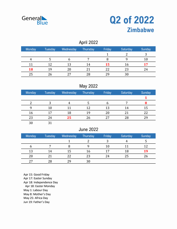 Zimbabwe 2022 Quarterly Calendar with Monday Start