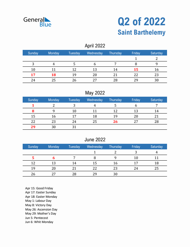 Saint Barthelemy 2022 Quarterly Calendar with Sunday Start