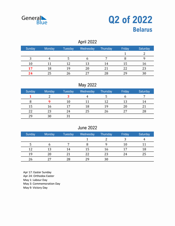 Belarus 2022 Quarterly Calendar with Sunday Start