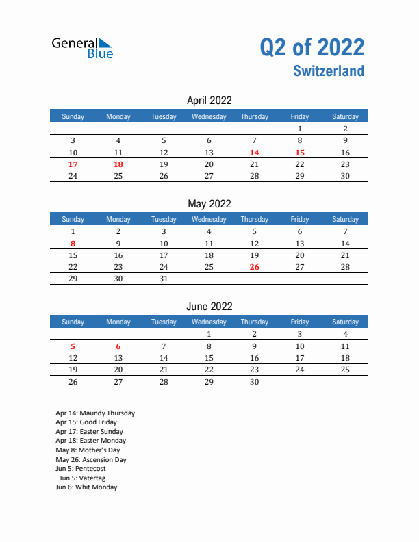 Switzerland 2022 Quarterly Calendar with Sunday Start