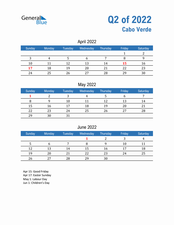Cabo Verde 2022 Quarterly Calendar with Sunday Start