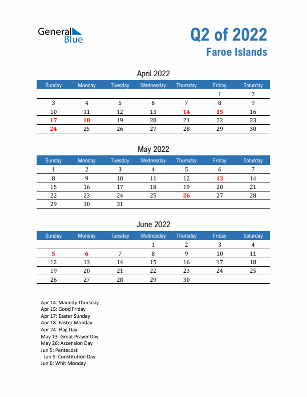 Faroe Islands 2022 Quarterly Calendar with Sunday Start