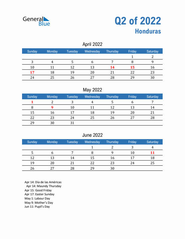 Honduras 2022 Quarterly Calendar with Sunday Start