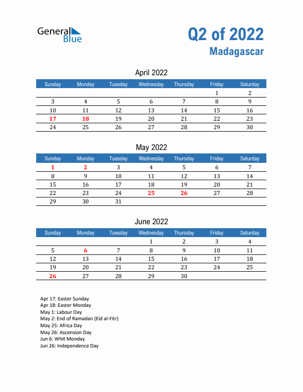 Madagascar 2022 Quarterly Calendar with Sunday Start