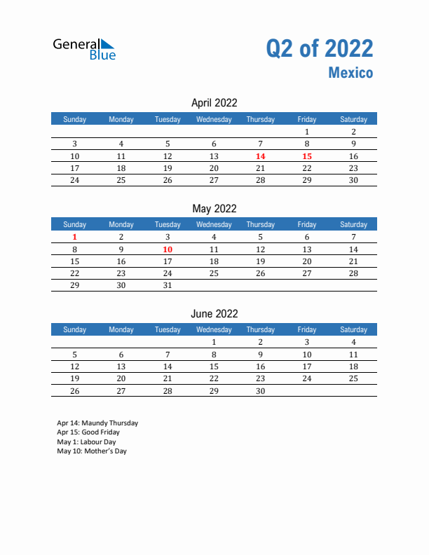 Mexico 2022 Quarterly Calendar with Sunday Start