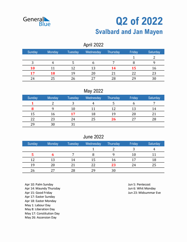 Svalbard and Jan Mayen 2022 Quarterly Calendar with Sunday Start
