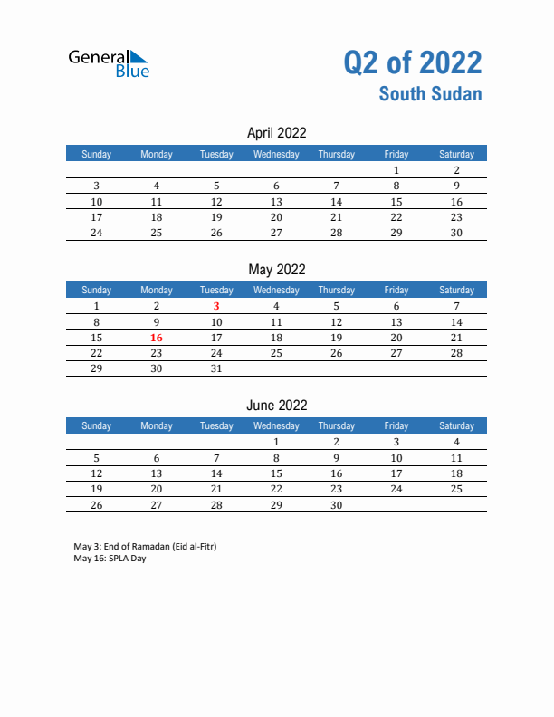 South Sudan 2022 Quarterly Calendar with Sunday Start