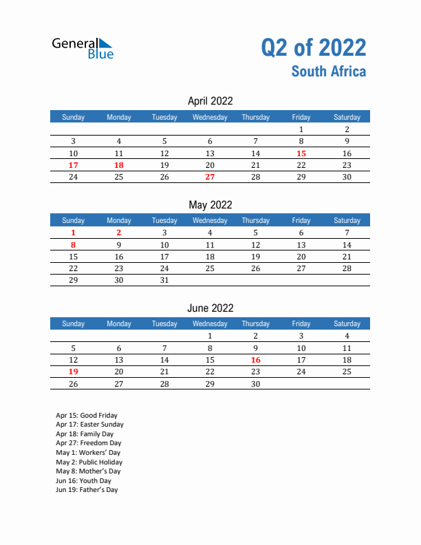 South Africa 2022 Quarterly Calendar with Sunday Start