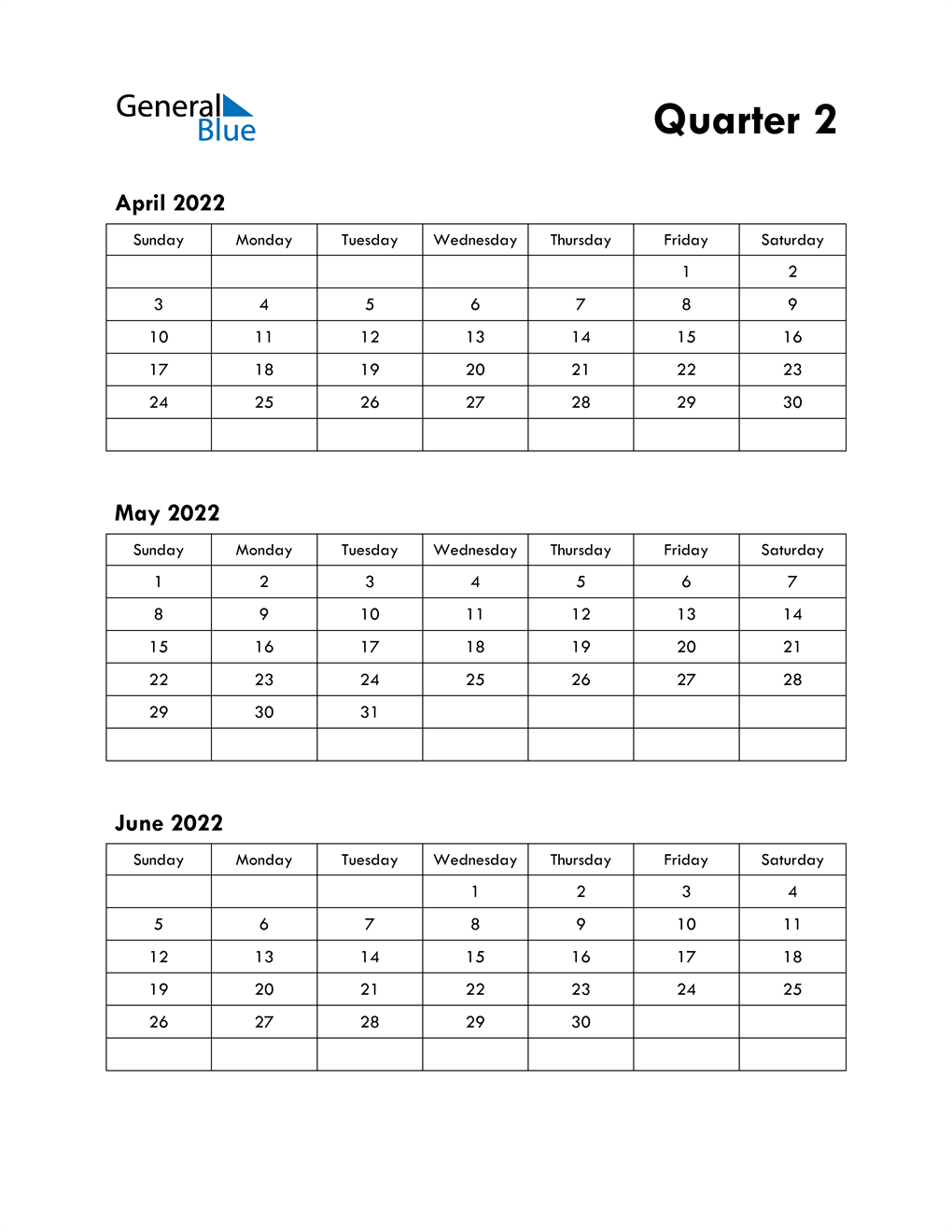 2022 Q2 Three Month Quarterly Calendar