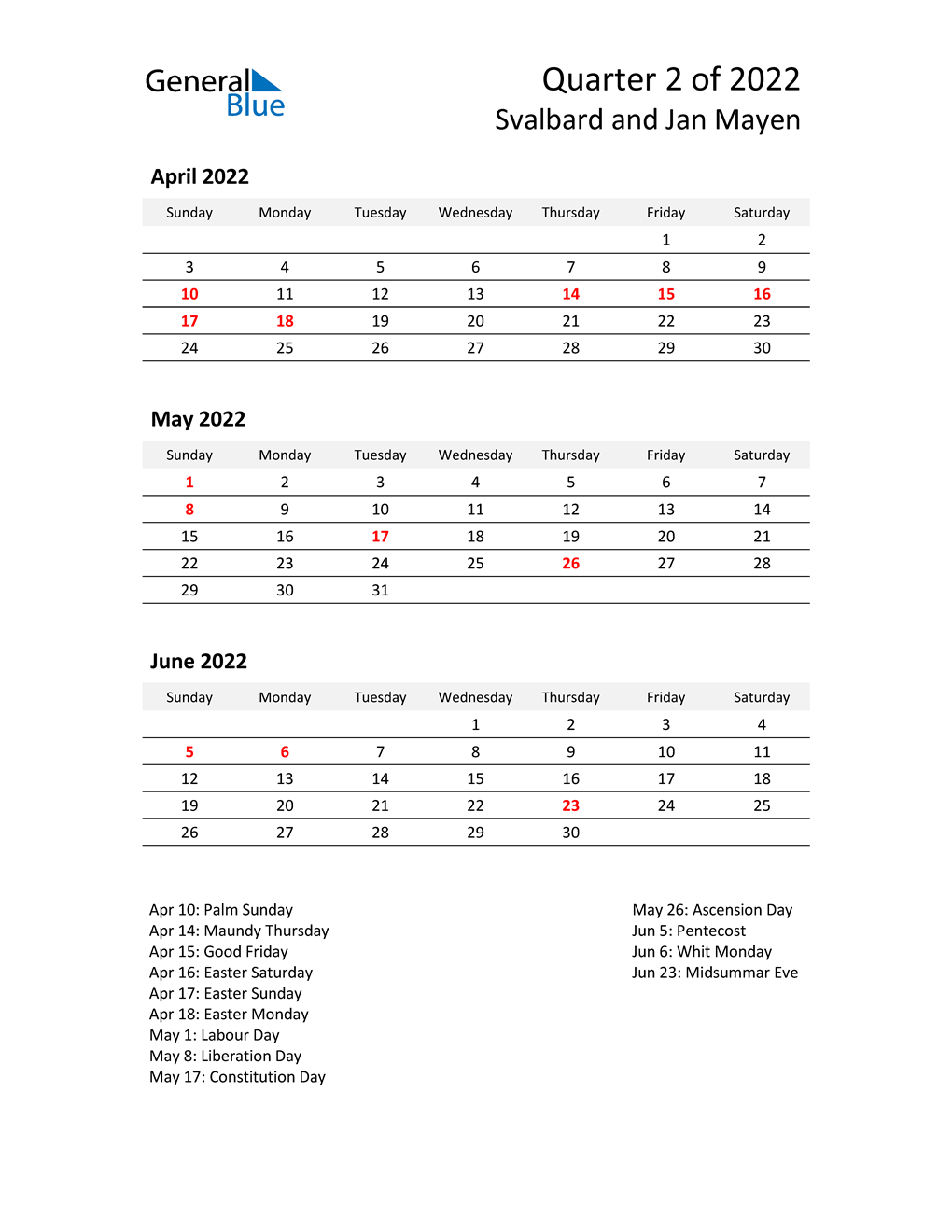 Q2 2022 Quarterly Calendar For Svalbard And Jan Mayen