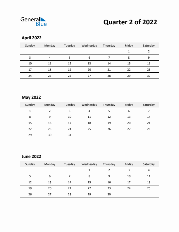 2022 Three-Month Calendar (Quarter 2)