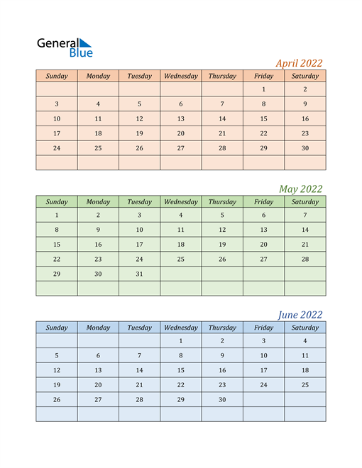 2022 Q2 Three Month Quarterly Calendar