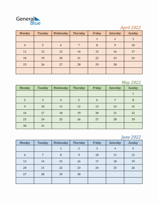 Three-Month Calendar for Year 2022 (April, May, and June)