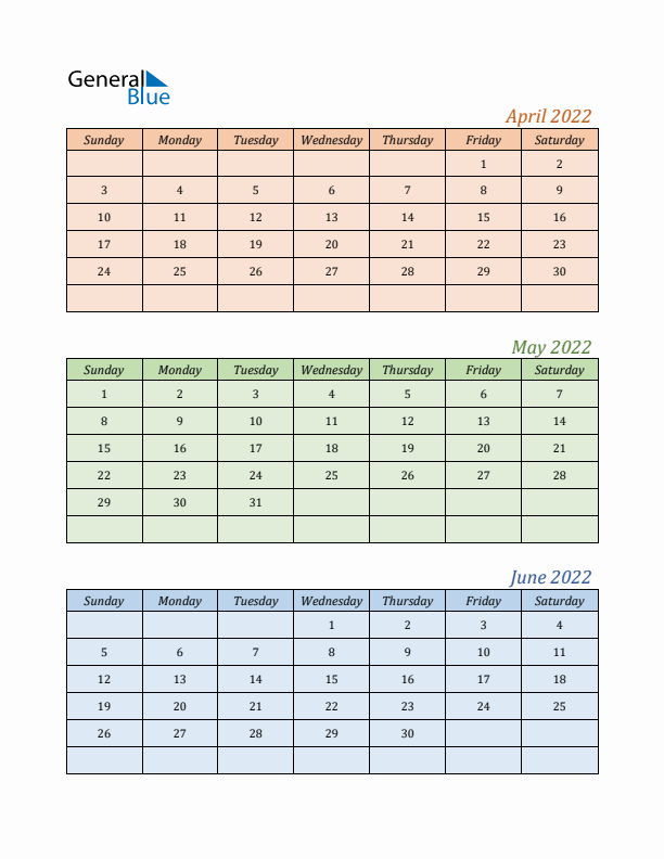 Three-Month Calendar for Year 2022 (April, May, and June)