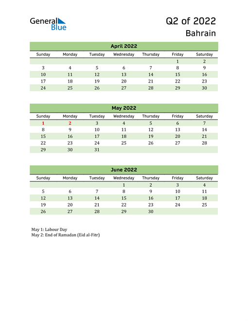  Quarterly Calendar 2022 with Bahrain Holidays 