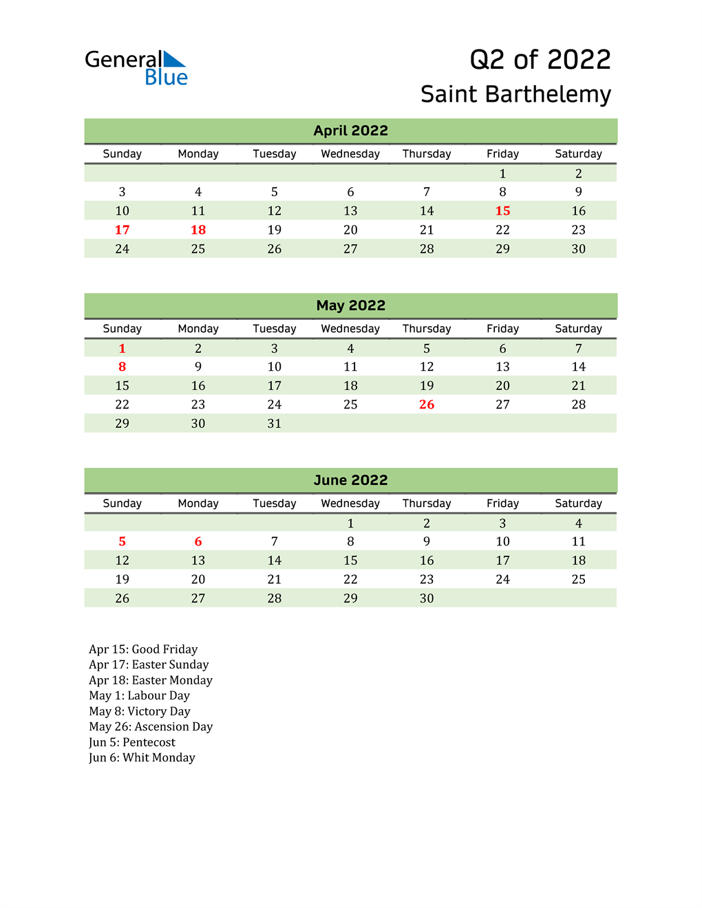  Quarterly Calendar 2022 with Saint Barthelemy Holidays 