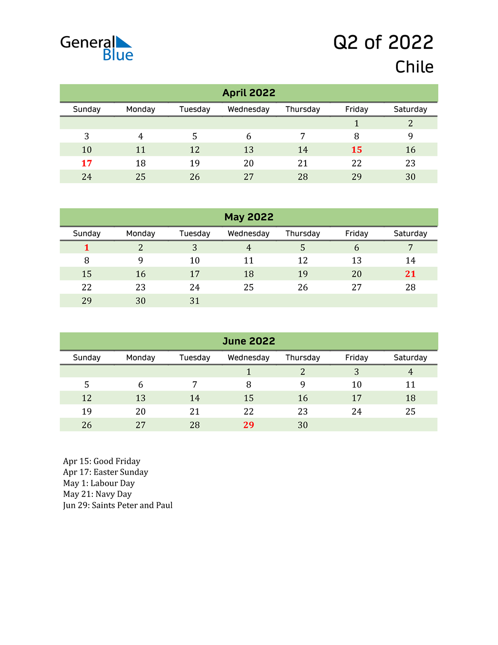  Quarterly Calendar 2022 with Chile Holidays 