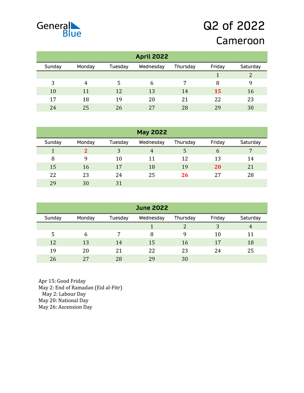  Quarterly Calendar 2022 with Cameroon Holidays 