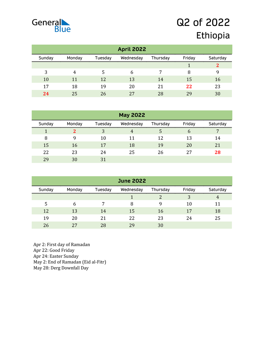  Quarterly Calendar 2022 with Ethiopia Holidays 