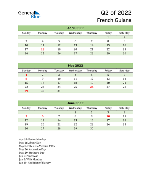  Quarterly Calendar 2022 with French Guiana Holidays 