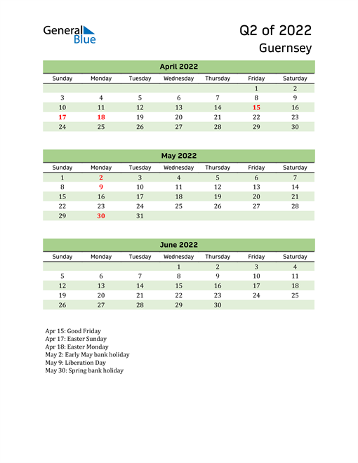  Quarterly Calendar 2022 with Guernsey Holidays 