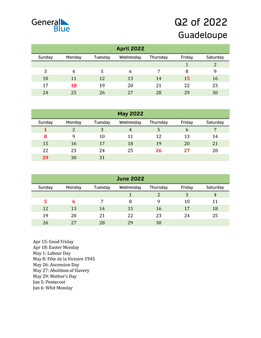  Quarterly Calendar 2022 with Guadeloupe Holidays 