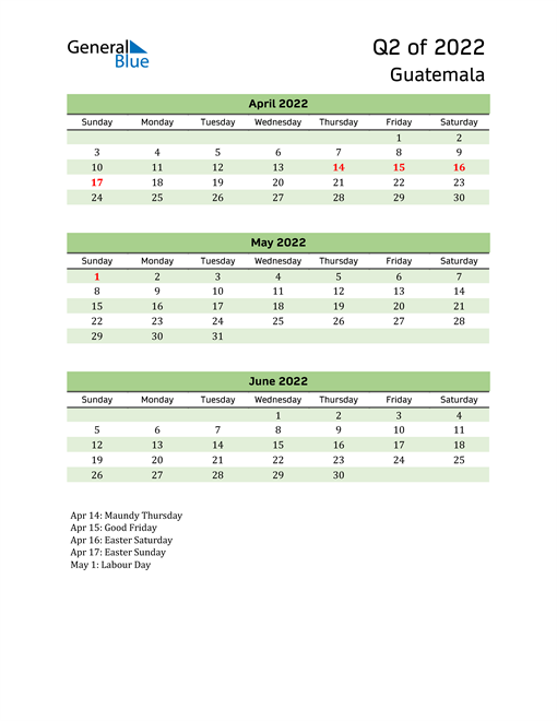  Quarterly Calendar 2022 with Guatemala Holidays 