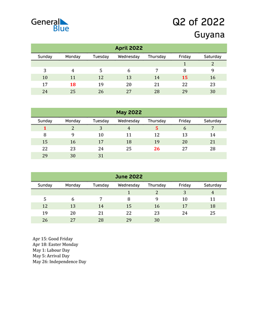  Quarterly Calendar 2022 with Guyana Holidays 